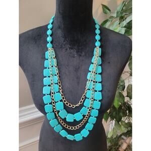 Women's Turquoise Beaded Layered Statement Necklace Gold Tone Chain Jewelry
